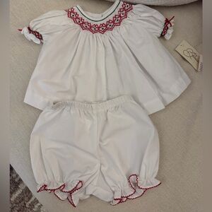 Baby Blessings - Baby girl, Smocked Outfit with Red and Green Embroidery